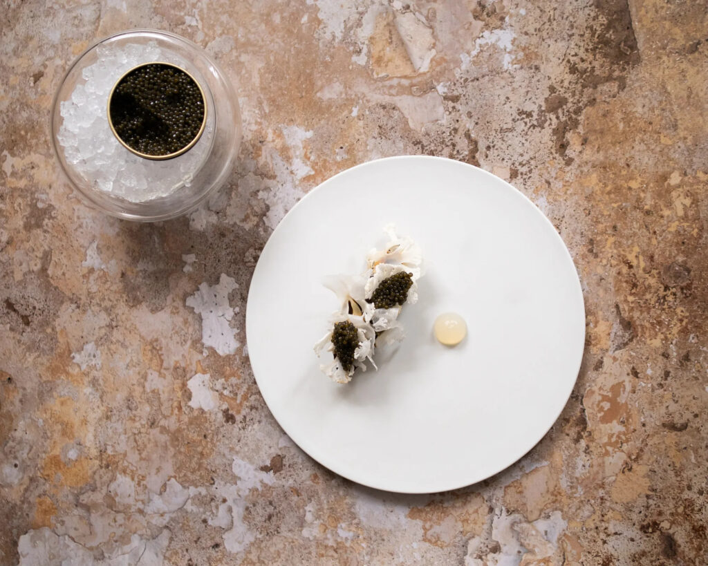 Langue de porc, purée de poire et copeaux de choux-fleur