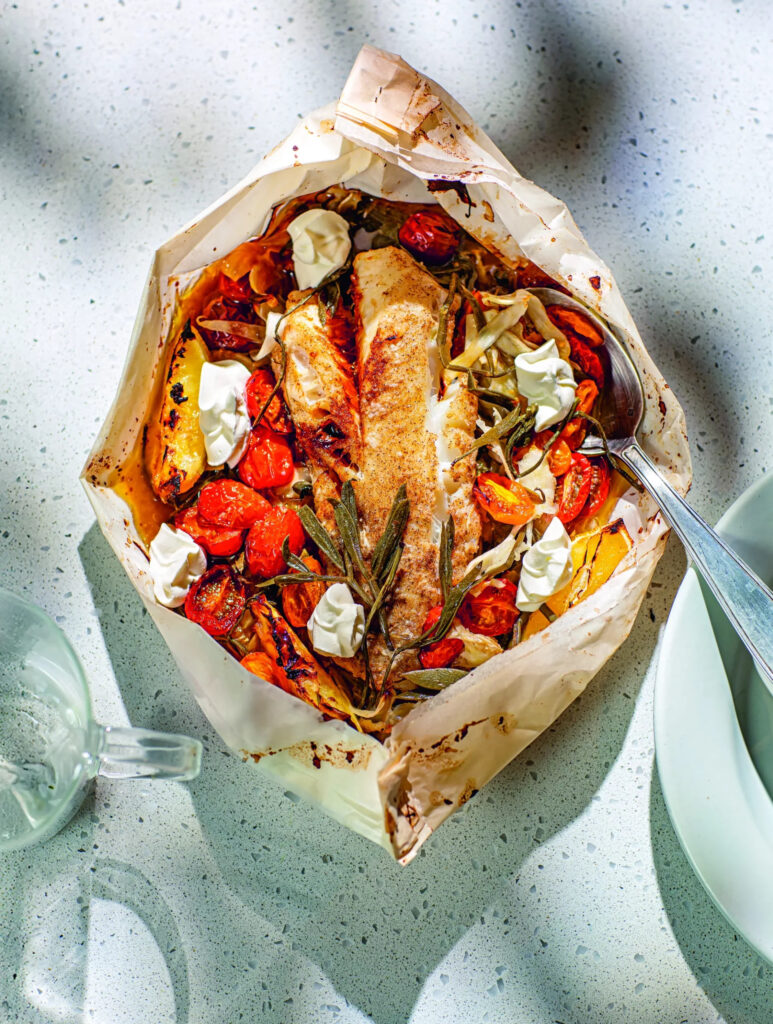 Papillote de cabillaud au yaourt, fenouil et câpres