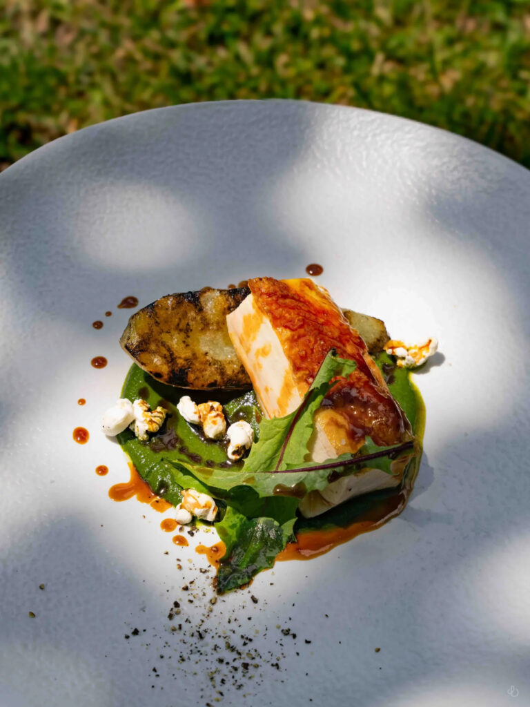 Blanc de volaille accompagné de celtuce et popcorn