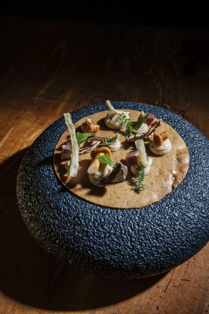 Assiette de velouté de cèpes, melba de foie gras, purée de panais et tuile