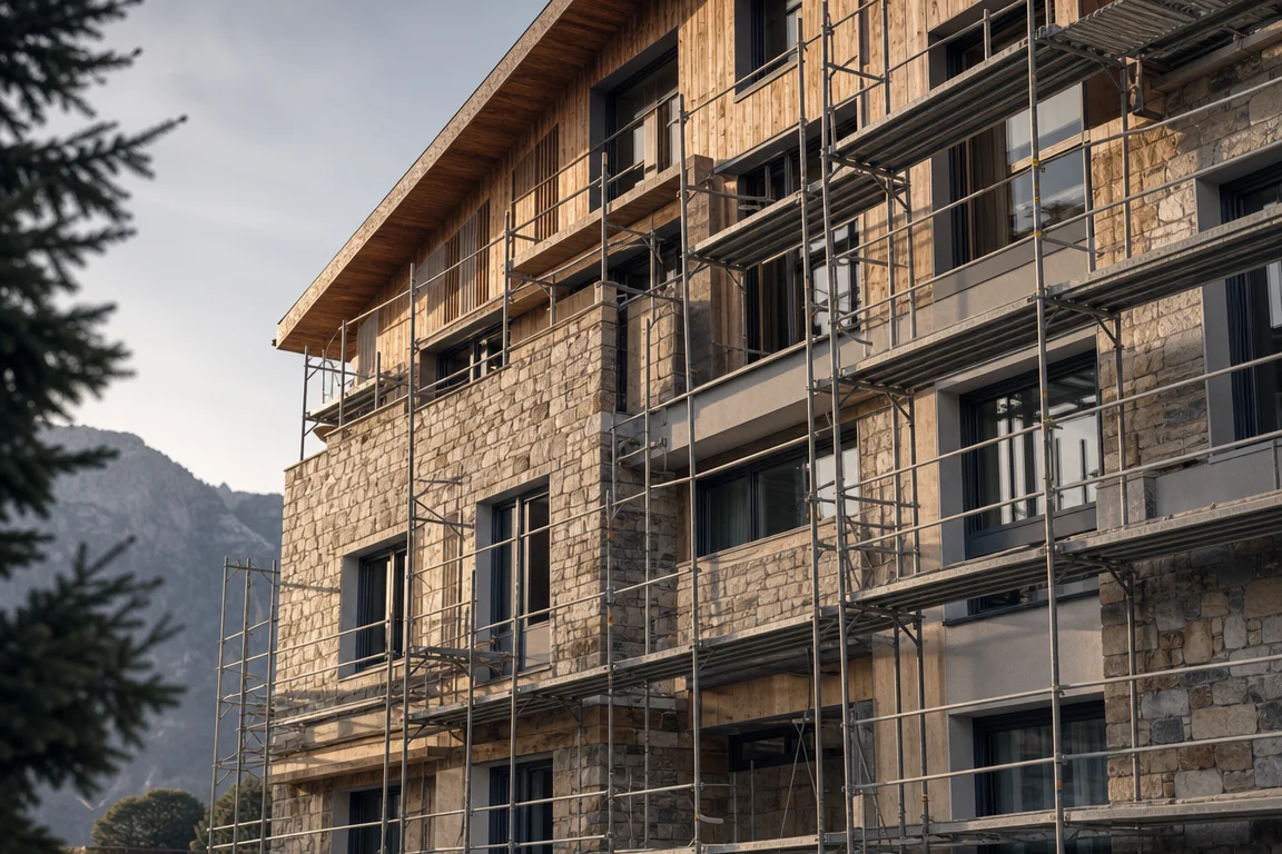 Façade d’hôtel générique en cours de conversion avec échafaudages et matériaux bruts