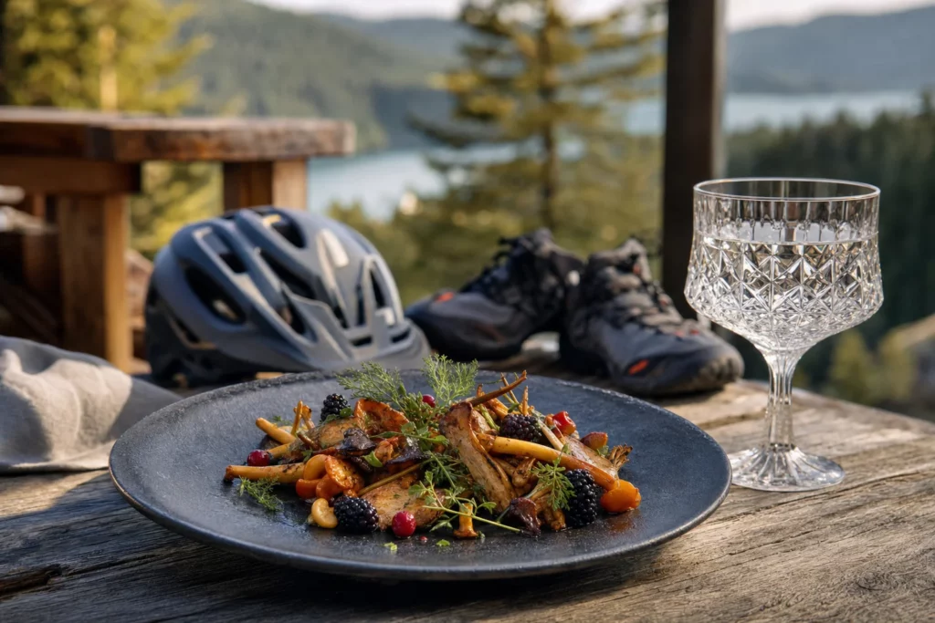 Table en terrasse face à un lac de montagne avec plat de champignons et baies, casque de VTT et chaussures de randonnée en arrière-plan