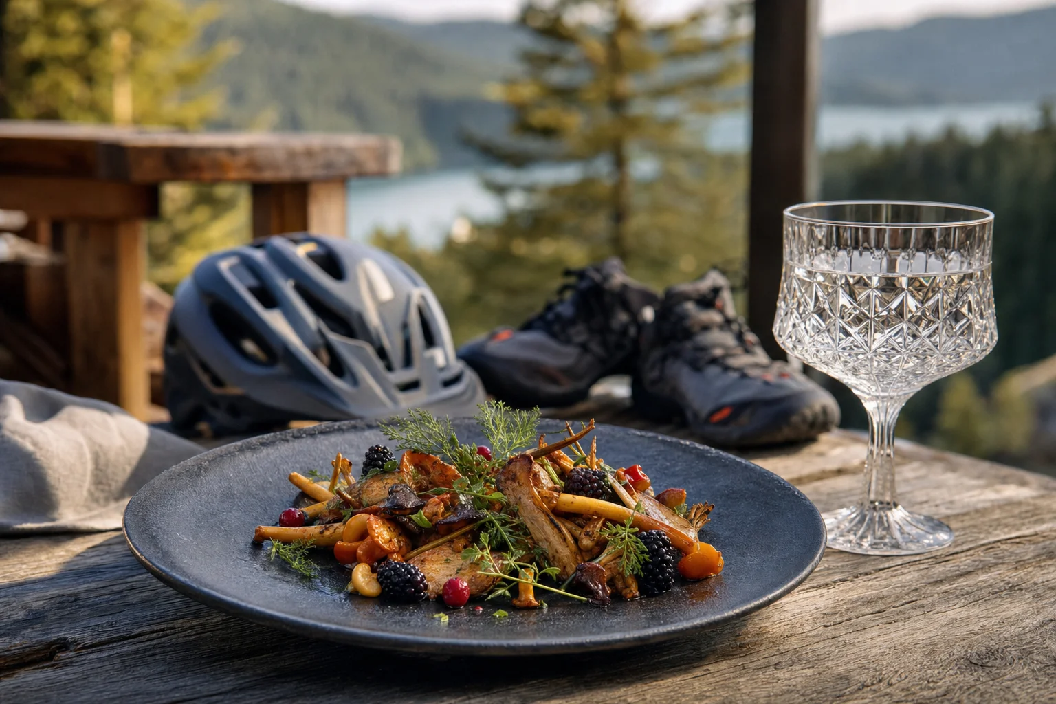 Terrasse gourmande vosgienne Table en terrasse face à un lac de montagne avec plat de champignons et baies, casque de VTT et chaussures de randonnée en arrière-plan