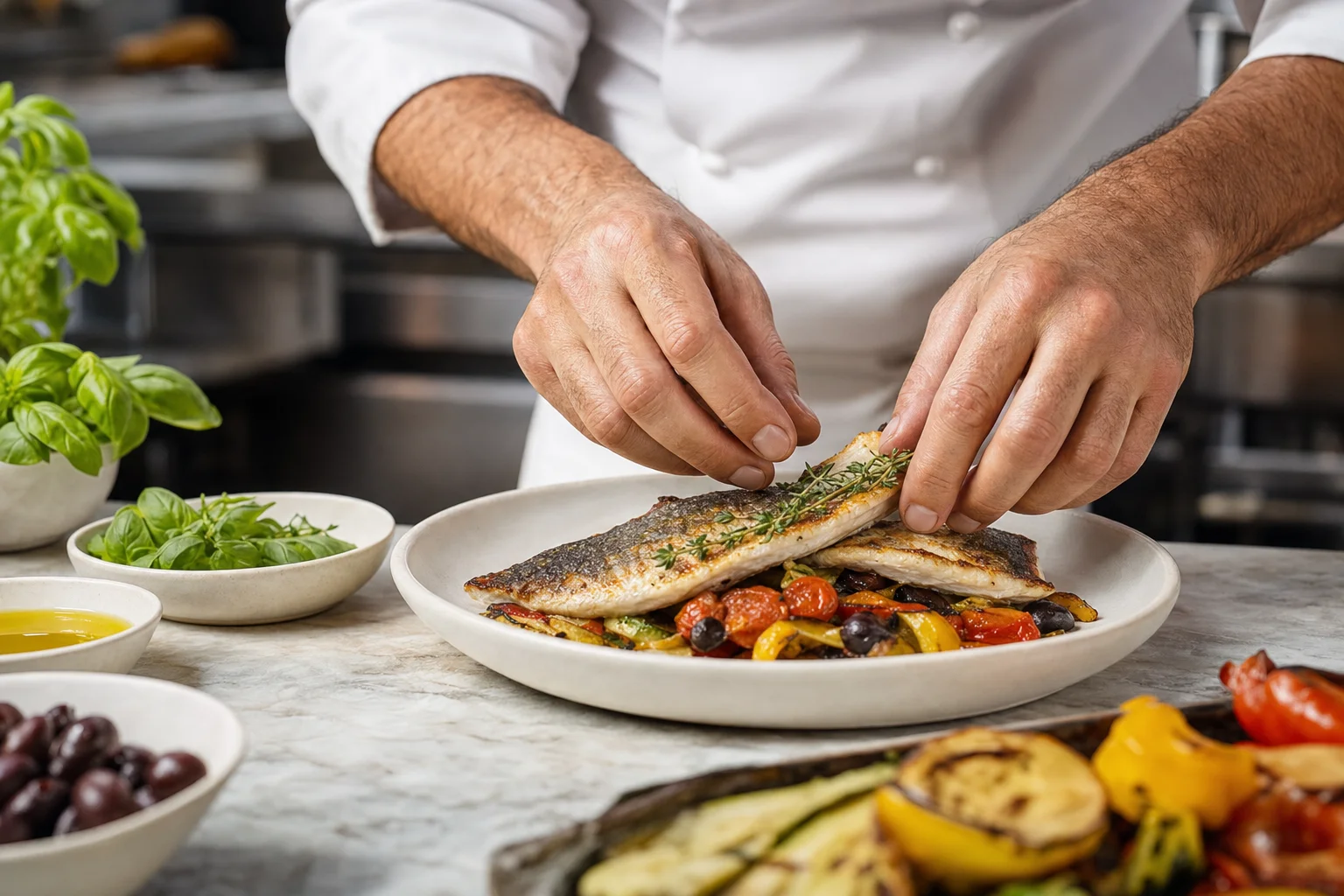 Gros plan sur les mains d’un chef préparant un plat méditerranéen avec poisson, légumes rôtis et olives