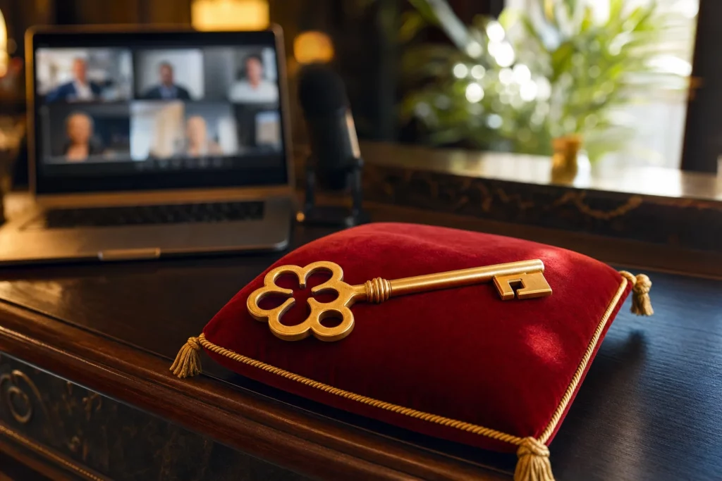 Clé dorée sur un coussin de velours devant un ordinateur en arrière-plan évoquant une conférence virtuelle