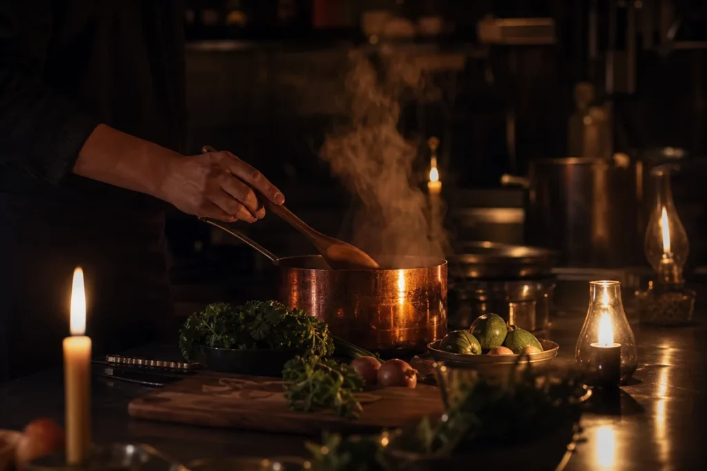 Scène de cuisine professionnelle plongée dans la pénombre, éclats de lumière ambrée de bougies sur un plan de travail en inox, casserole dégageant de la vapeur et ingrédients frais à côté d’un geste de chef anonyme.