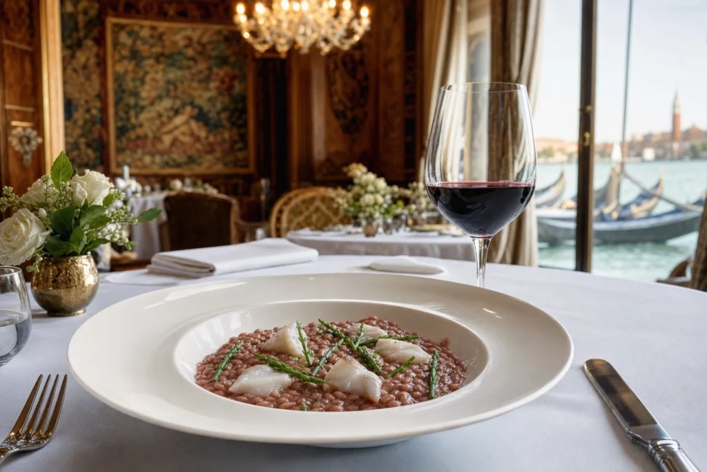 Assiette de risotto à l’Amarone et poissons de la lagune sur une table élégante dans un décor historique vénitien