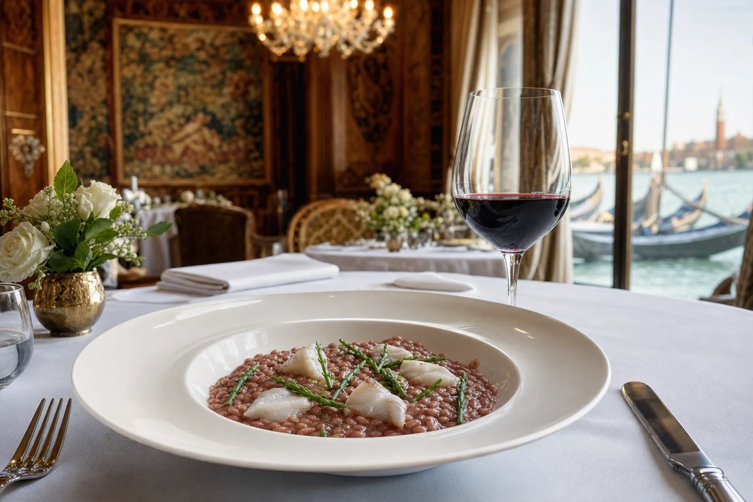 Assiette de risotto à l’Amarone et poissons de la lagune sur une table élégante dans un décor historique vénitien
