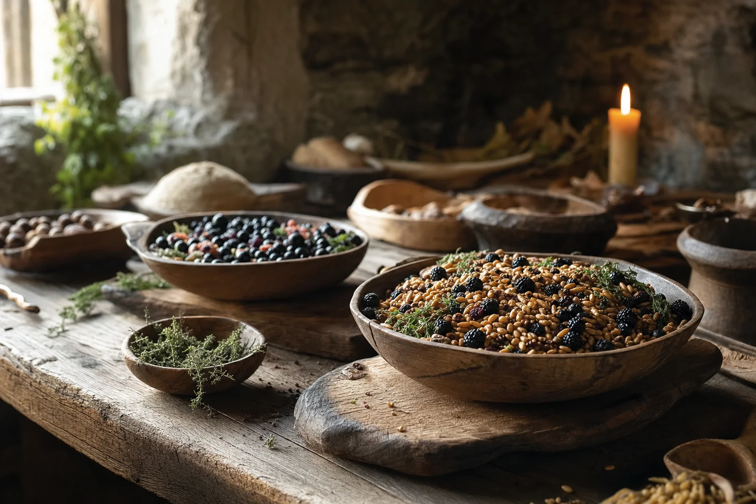 Mise en scène éditoriale d’une table rustique avec vaisselle en bois et plats inspirés de la cuisine gauloise