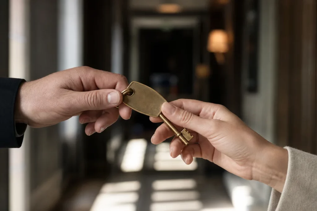 Scène évocatrice de la prise de fonction à l’hôtel : deux mains anonymes s’échangent une clé dans un couloir flou.