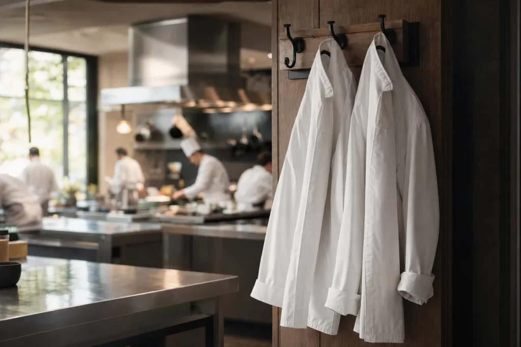 Deux vestes de chef suspendues devant une cuisine étoilée floue