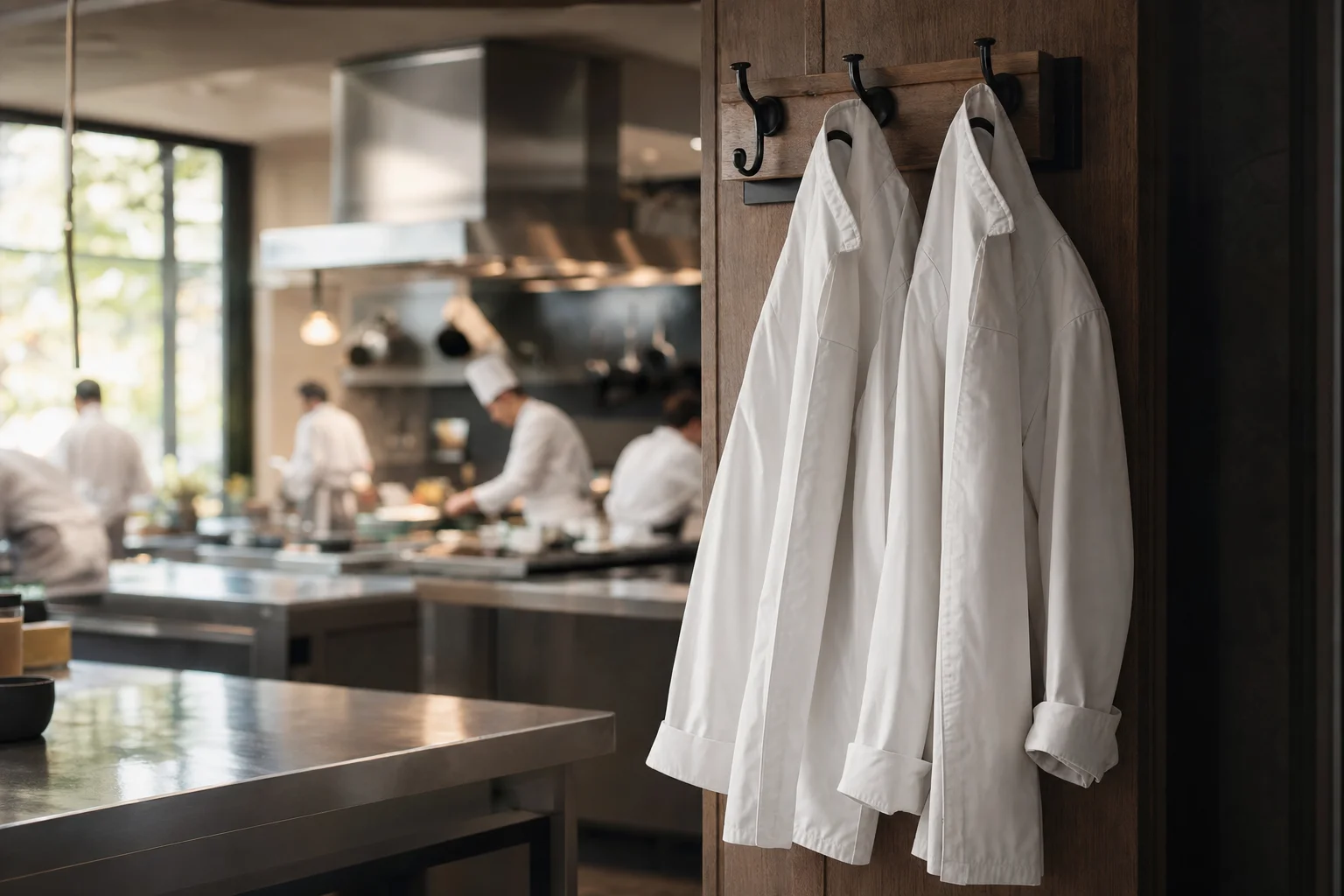 Deux vestes de chef suspendues devant une cuisine étoilée floue