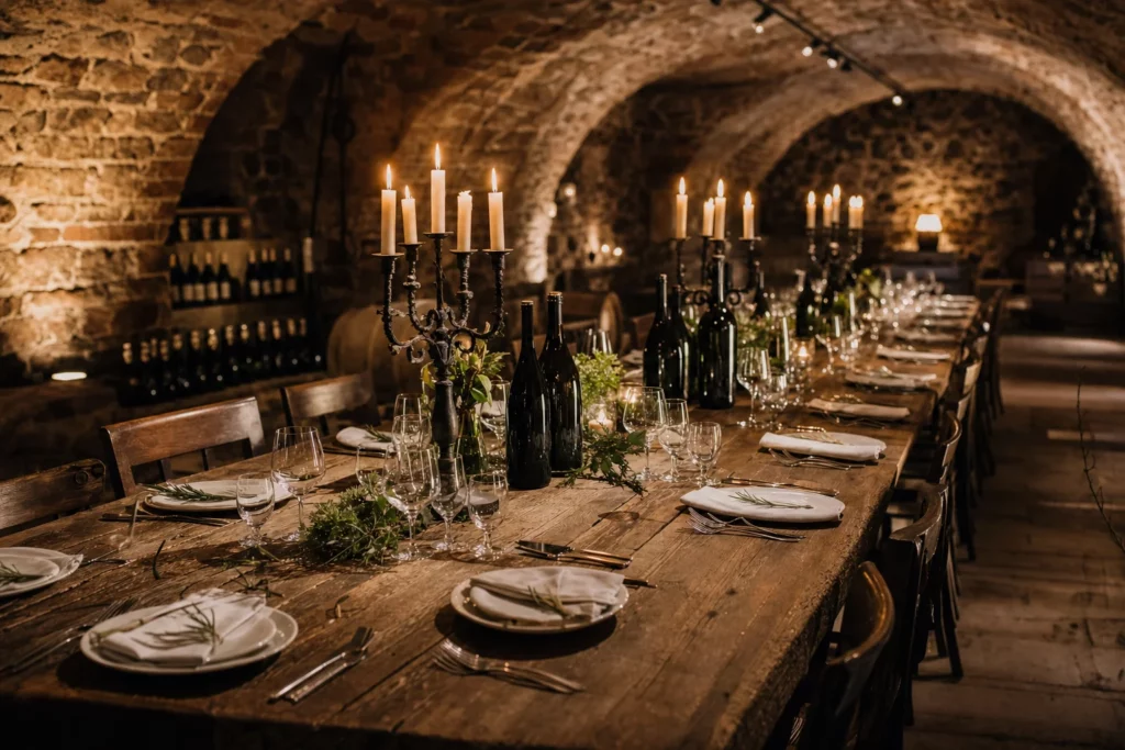 Table rustique dressée pour un dîner insolite sous des voûtes en pierre dans une cave alsacienne