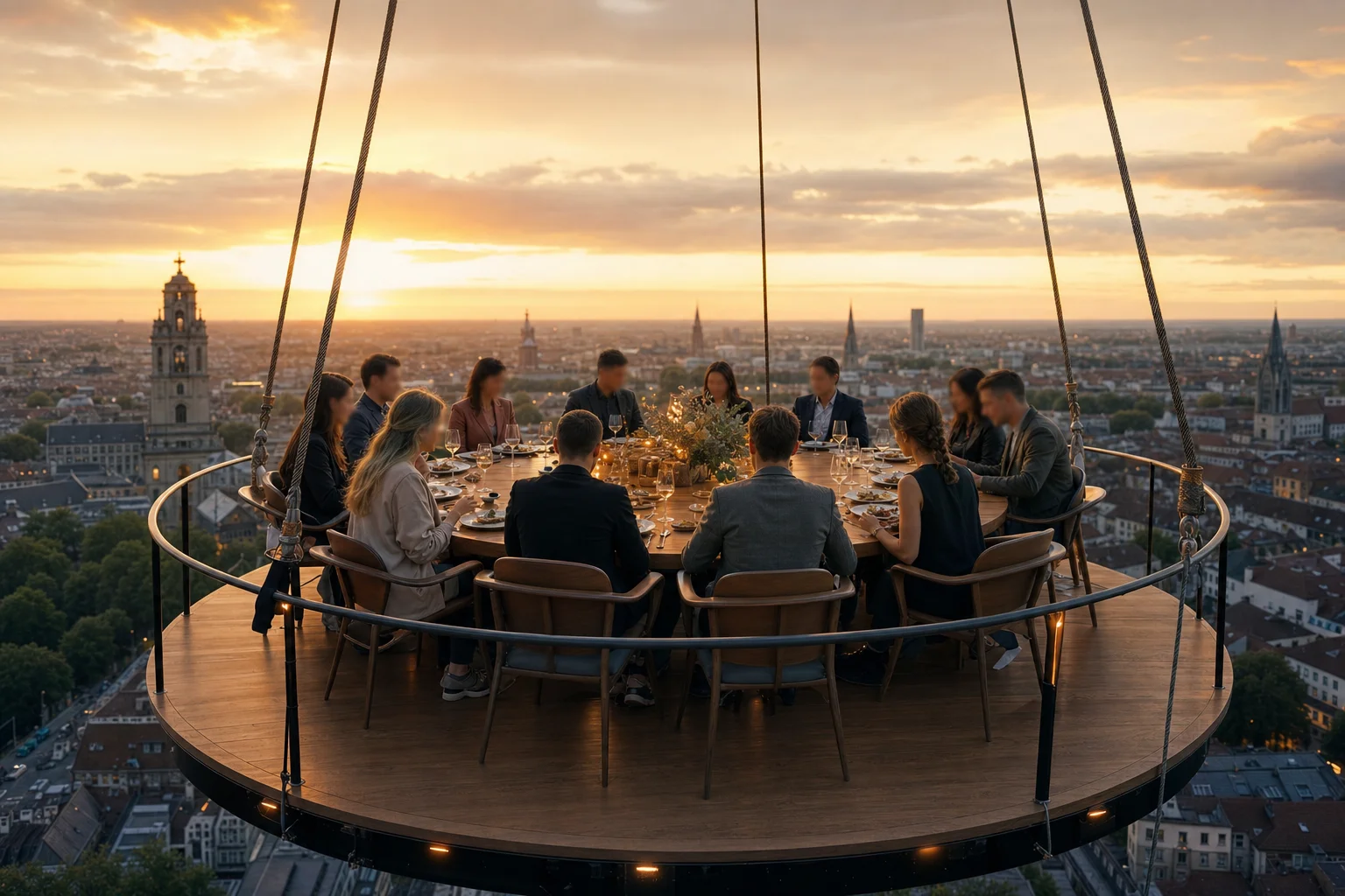 Table circulaire suspendue 50 mètres au-dessus de Mons au coucher du soleil