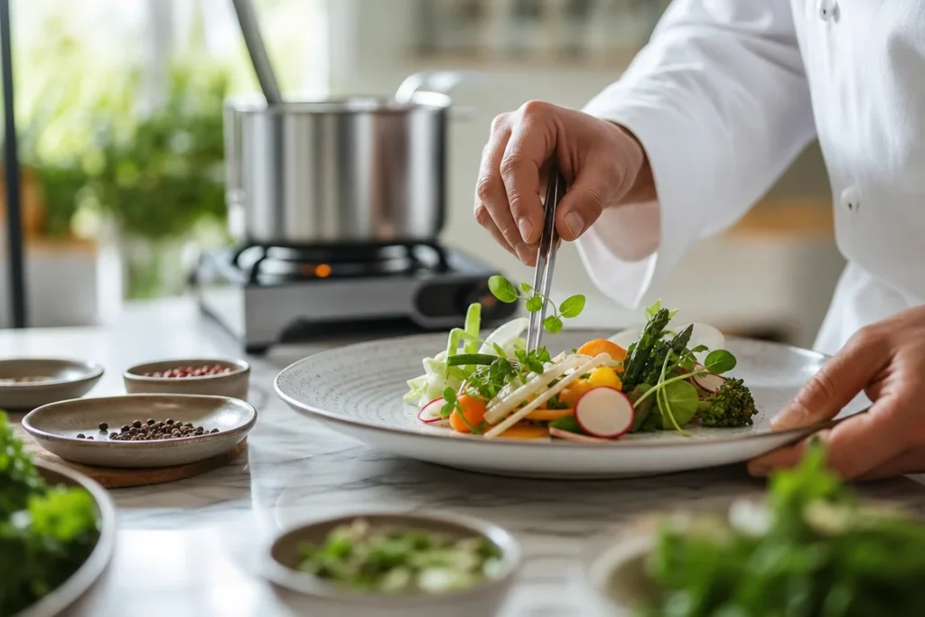 Plan rapproché sur un chef anonyme disposant des herbes et légumes sur un plan de travail en marbre, évocateur d’une préparation culinaire à domicile