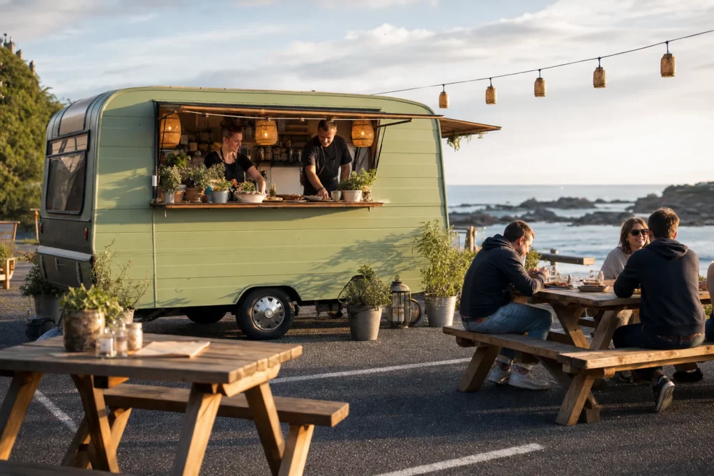 Foodtruck vert en bord de mer bretonne avec tables de pique-nique et clients en plein service