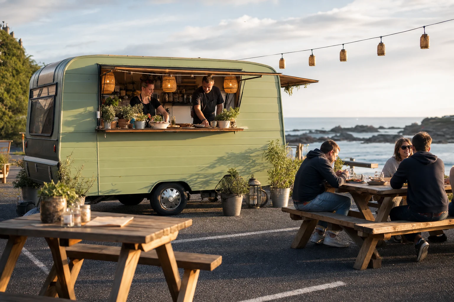Foodtruck Vert l’infini à Port l’Épine Foodtruck vert en bord de mer bretonne avec tables de pique-nique et clients en plein service