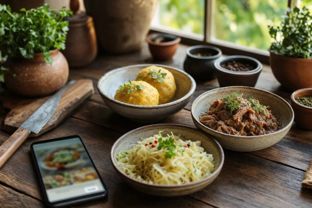 Vue rapprochée de petits plats tchèques artisanaux sur une table en bois rustique avec un smartphone à l’écran flou et herbes fraîches