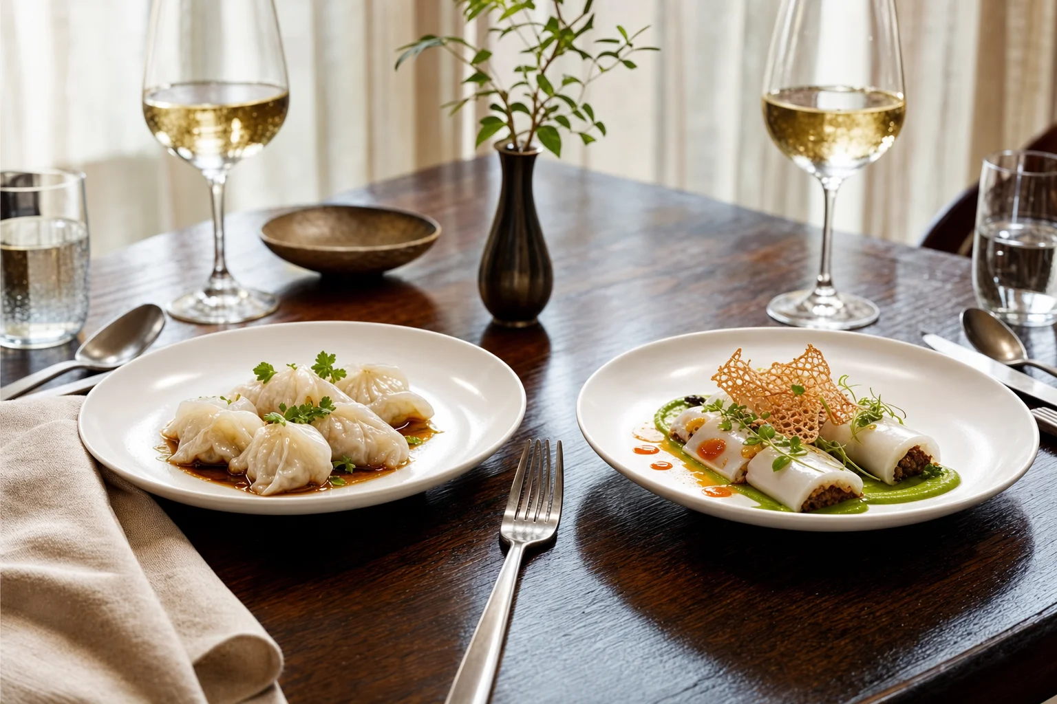Deux assiettes de gastronomie cantonaise traditionnelle et contemporaine posées sur une table élégante