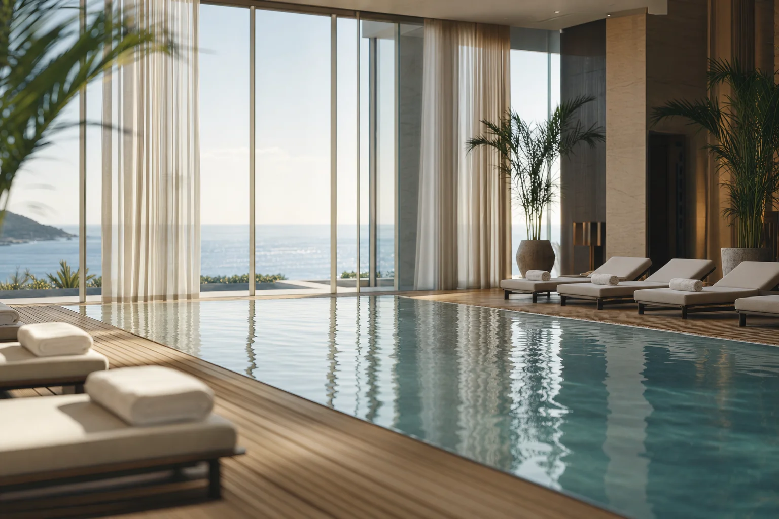 Piscine d’un spa-hôtel de luxe en bord de mer avec chaises longues et vue panoramique