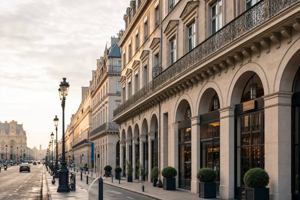 Vue éditoriale d'une perspective de rue haussmannienne à Paris évoquant la rénovation d'un hôtel historique rue de Rivoli.