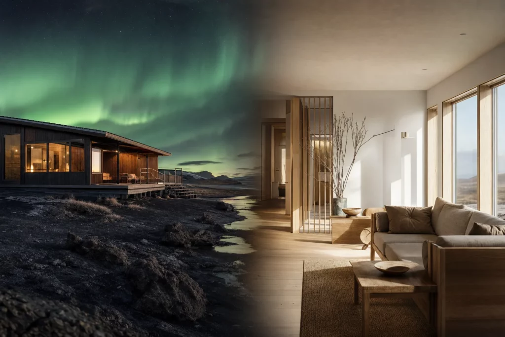 Double ambiance : lodge en bois sur sol volcanique islandais sous aurore boréale et intérieur épuré de style scandinave