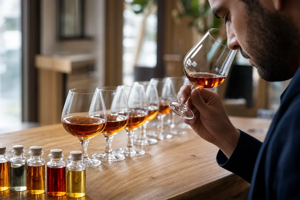 Gros plan sur une table en bois clair avec des verres de cognac et des flacons d’arômes, une main s’approche pour sentir le verre