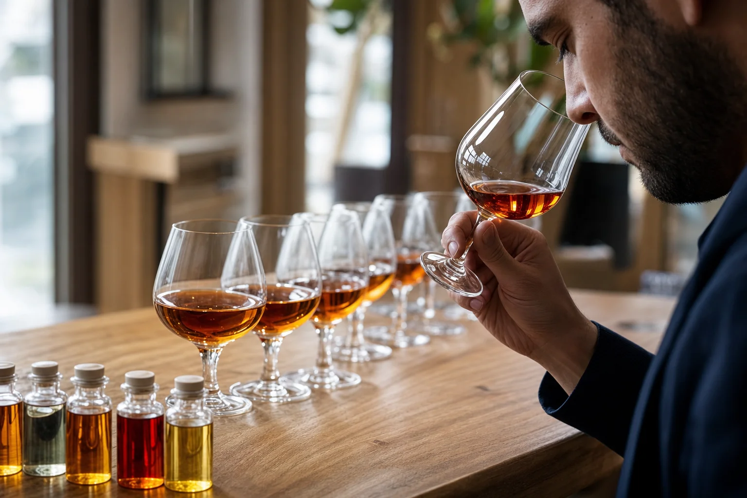 Gros plan sur une table en bois clair avec des verres de cognac et des flacons d’arômes, une main s’approche pour sentir le verre