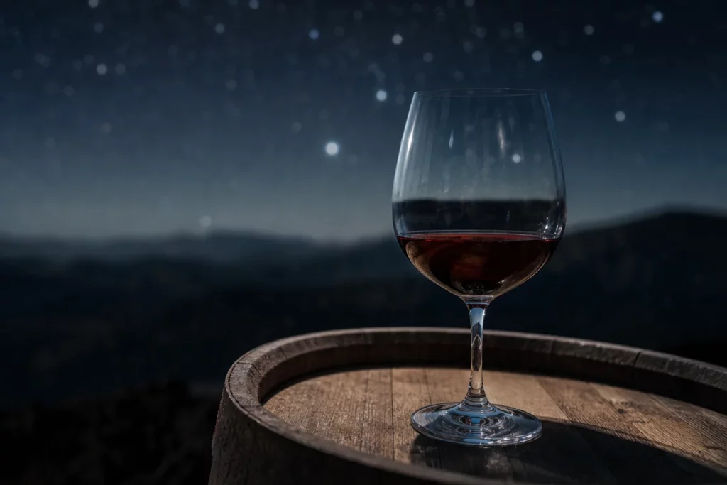 Verre de vin rouge posé sur un tonneau en bois sous un ciel étoilé flou, évoquant l’oenotourisme nocturne