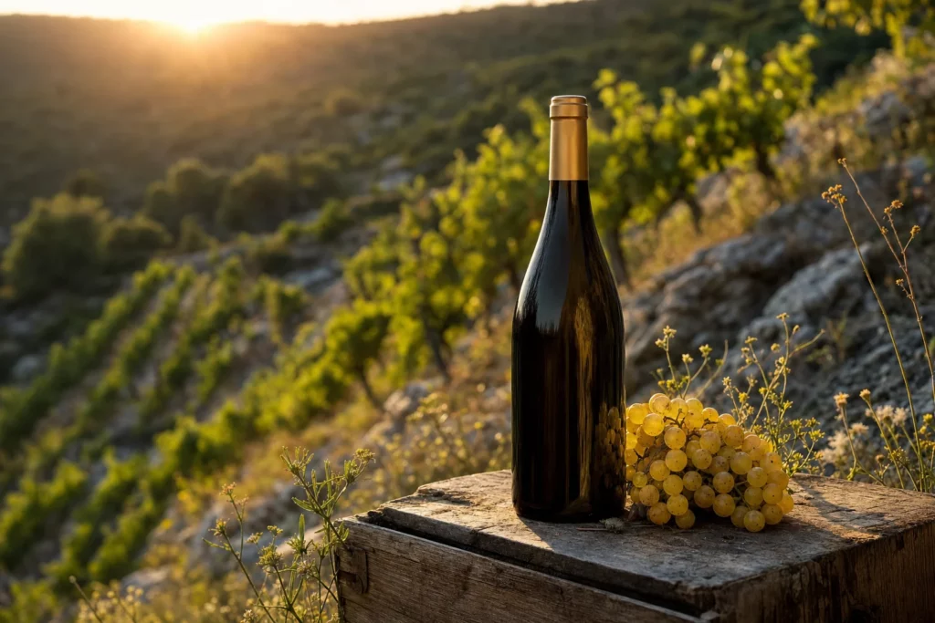 Bouteille de vin générique à capsule dorée et grappe de raisins devant un rang de vignes sur sol calcaire en lumière dorée