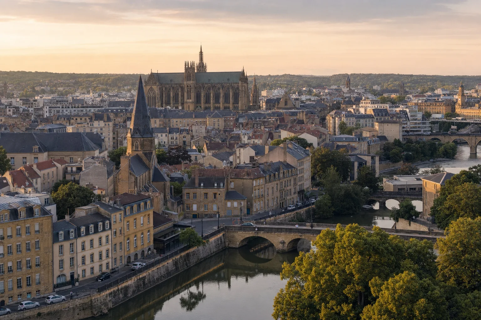 Vue éditoriale de Metz évoquant l’ouverture prochaine d’une table gastronomique Panorama éditorial de Metz au crépuscule avec la cathédrale Saint-Étienne et la Moselle