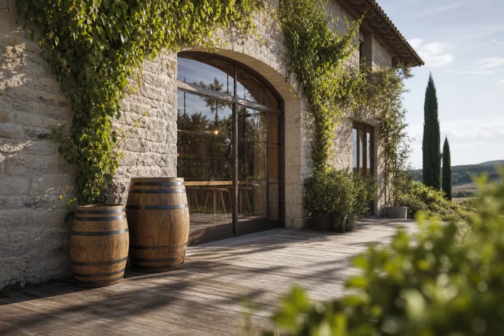 Illustration photographique d’une façade générique en pierre et bois avec baies vitrées, vignes grimpantes et barriques évoquant une maison de l’œnotourisme