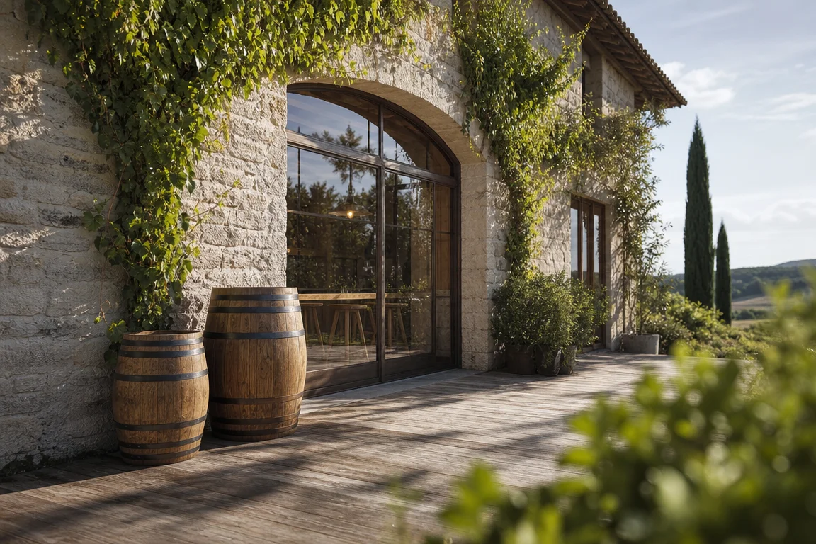 Illustration photographique d’une façade générique en pierre et bois avec baies vitrées, vignes grimpantes et barriques évoquant une maison de l’œnotourisme