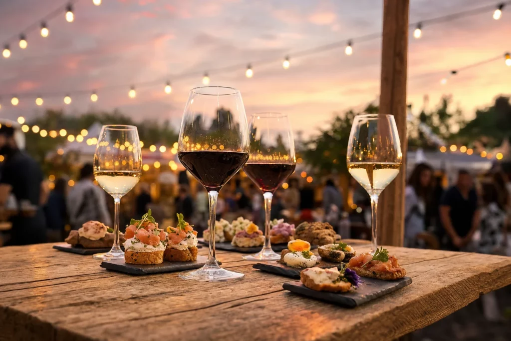 Table haute en bois avec verres de vin et bouchées gastronomiques sous guirlandes lumineuses en extérieur au coucher du soleil