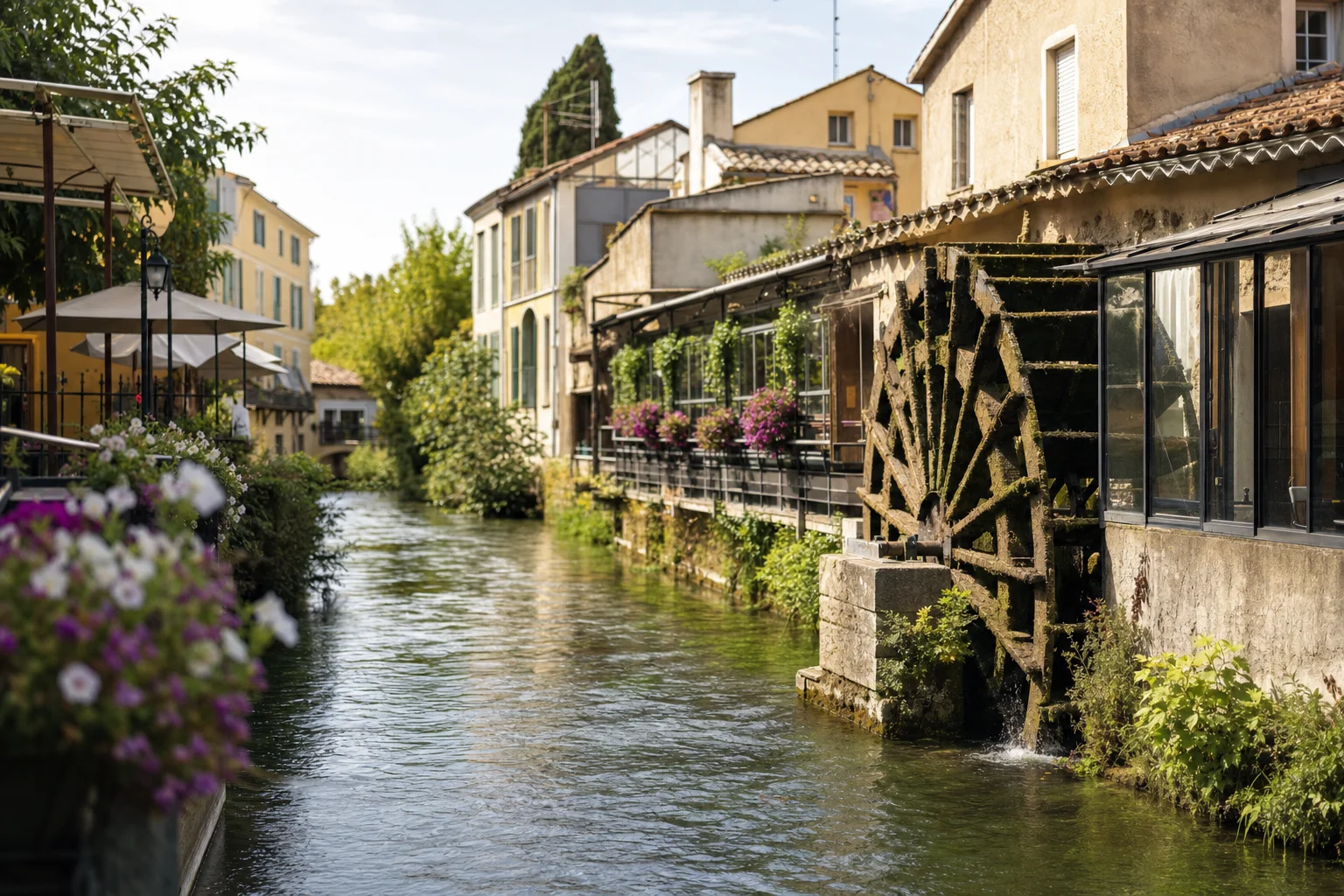 Vue éditoriale des canaux de L’Isle-sur-la-Sorgue avec roue à eau et façades pastel