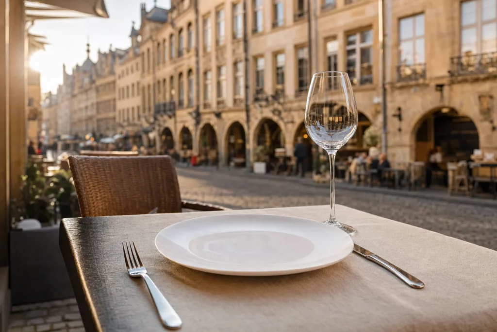 Table élégamment dressée en terrasse devant des façades historiques de Metz