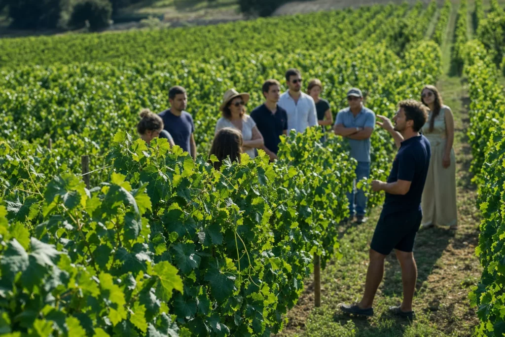 Visiteurs écoutant un guide au milieu d’une parcelle de vigne en matinée