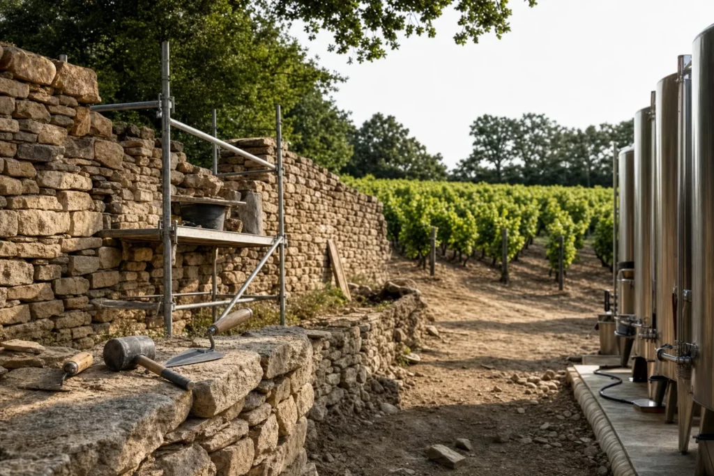 Mur en pierres sèches en cours de reconstruction devant des rangs de vigne et cuves modernes
