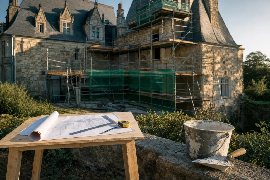 Château normand en cours de rénovation avec échafaudage, plan de chantier et outils au premier plan