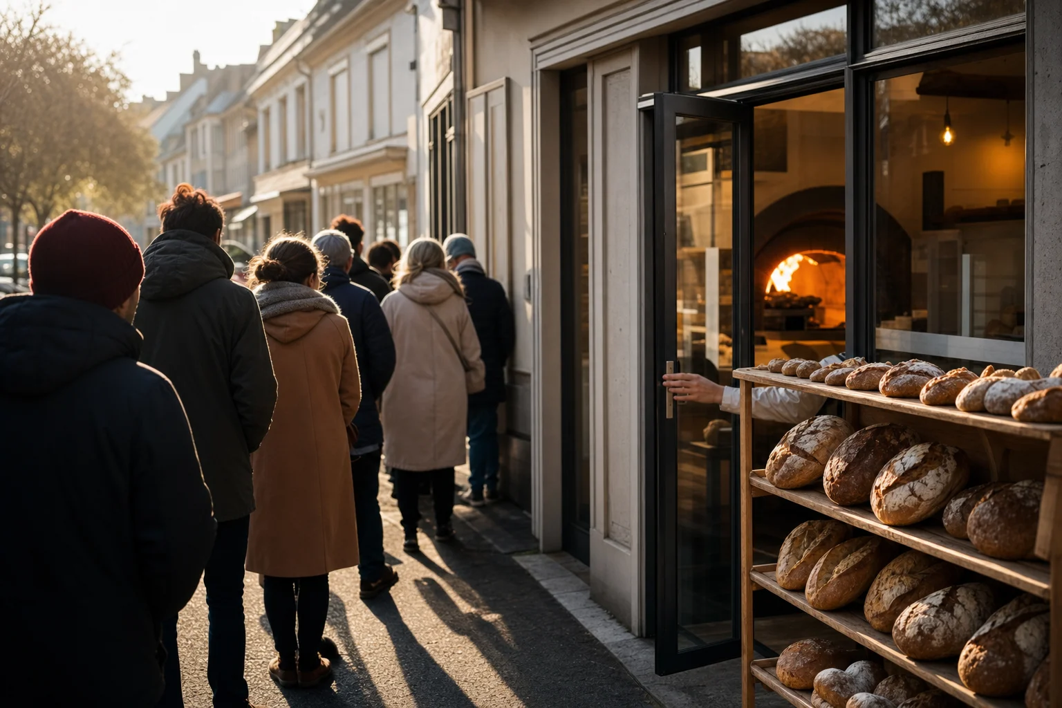 Scène évocatrice d’une boulangerie de quartier au petit matin avec file d’attente et pains frais