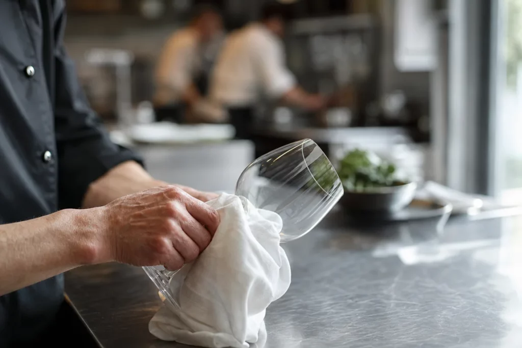 Mains anonymes polissant un verre à vin sur un comptoir inoxydable, évoquant la préparation pour l'ouverture d'un nouveau restaurant gastronomique.