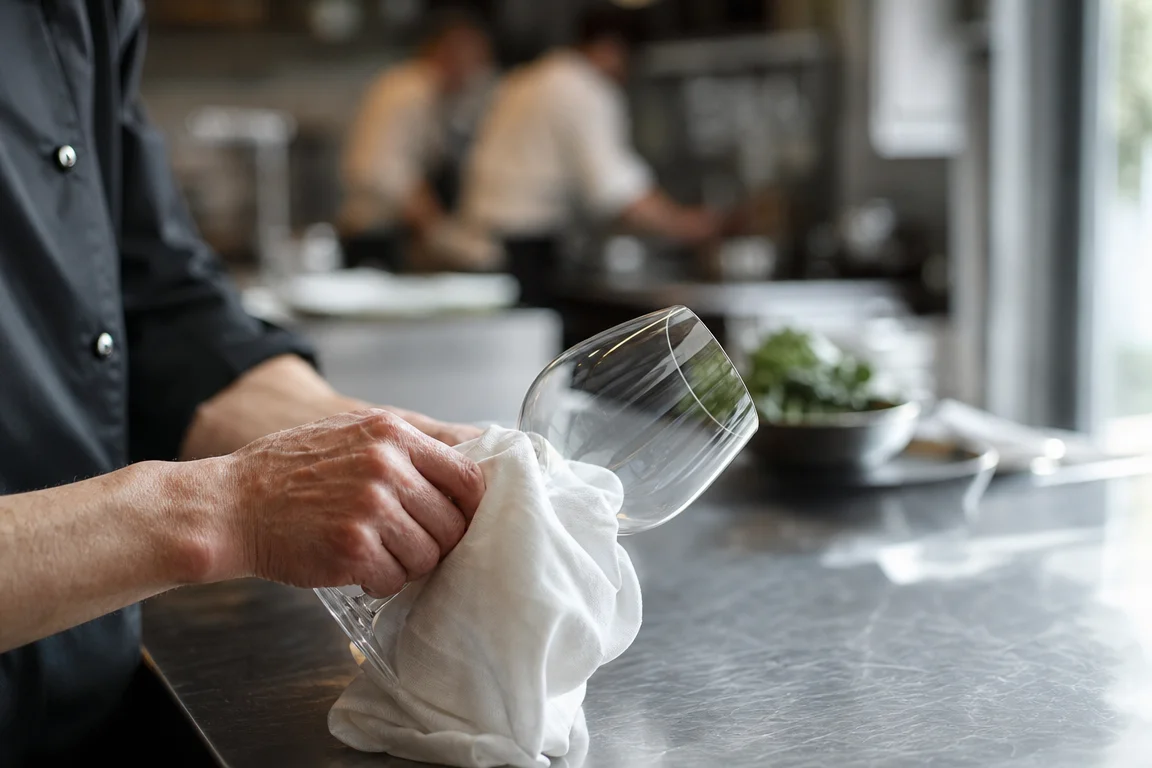 Mains anonymes polissant un verre à vin sur un comptoir inoxydable, évoquant la préparation pour l'ouverture d'un nouveau restaurant gastronomique.