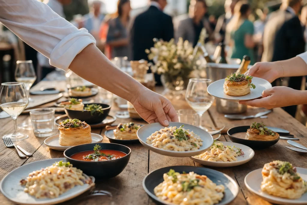 Table rustique en plein air avec assiettes de spaetzle carbonara, velouté de tomates et bouchées à la reine lors d’un événement gourmand