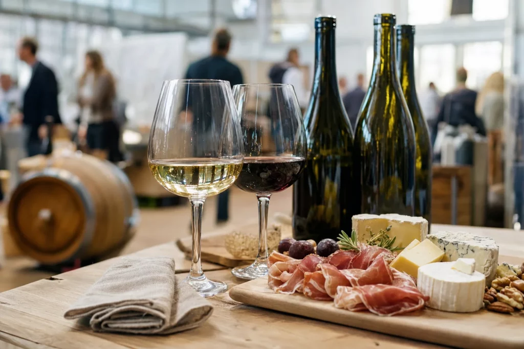 Verres de vin et plateau de fromages et charcuteries sur une table en bois lors d'un salon gastronomique