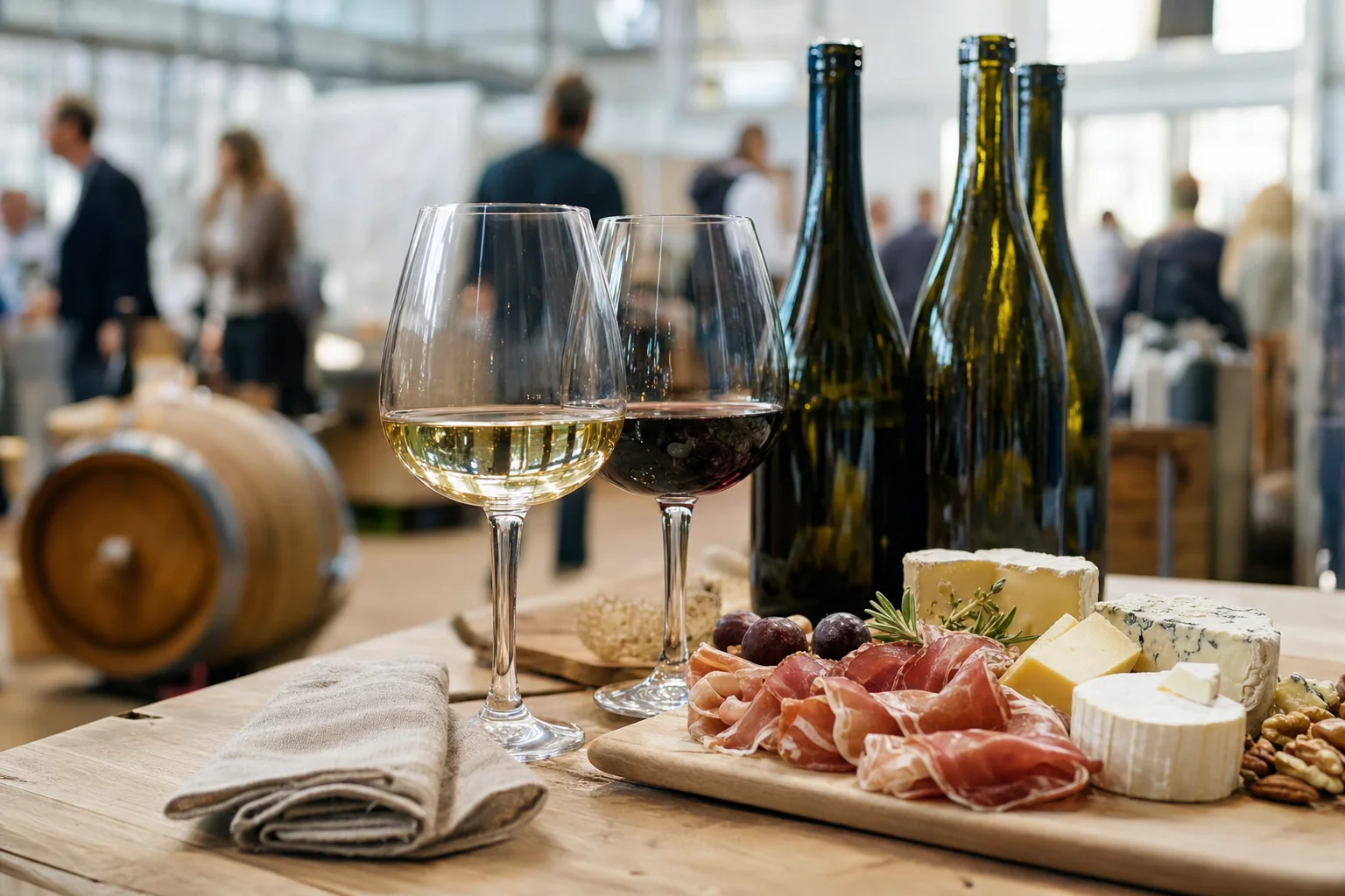 Verres de vin et plateau de fromages et charcuteries sur une table en bois lors d'un salon gastronomique