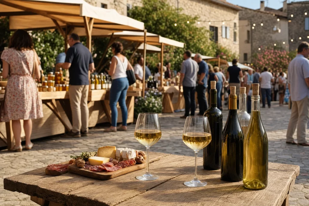 Table en bois avec verre de vin blanc et planche de fromages et charcuterie lors d’un salon des vins en plein air