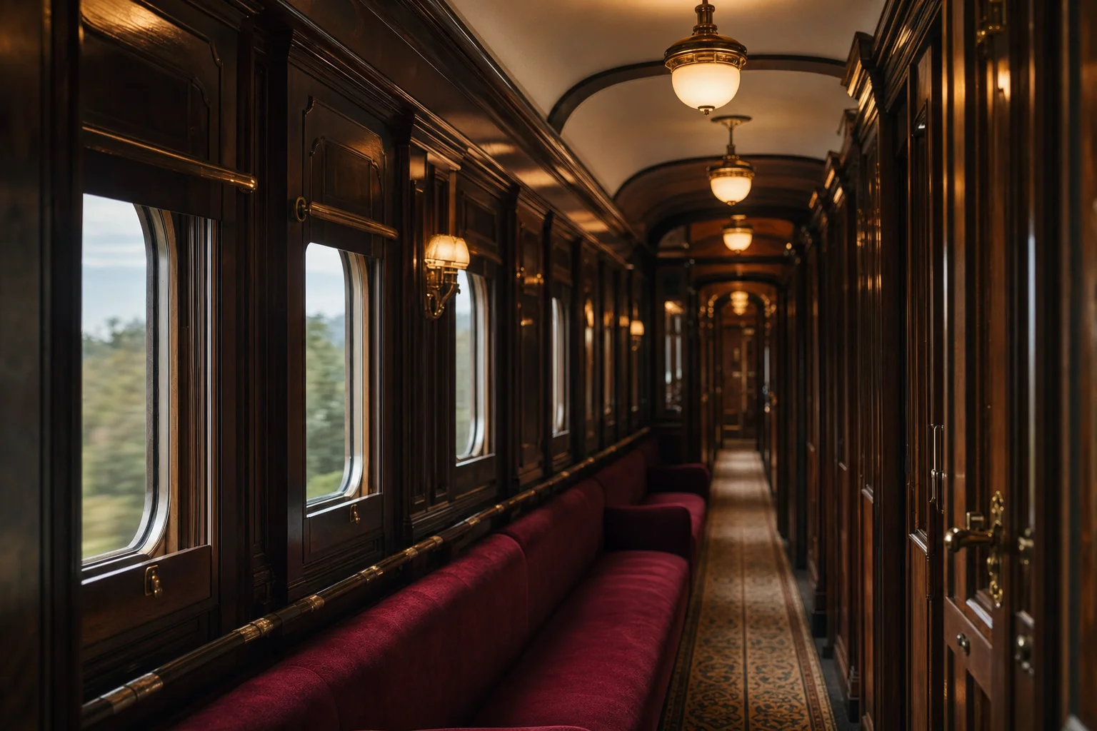 Couloir de wagon-hôtel générique avec boiseries, velours et luminaires laiton évoquant le luxe