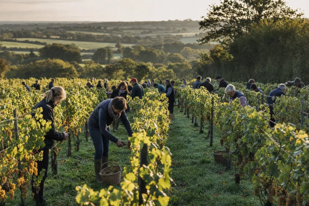 Vendange matinale au domaine Lamballe : personnes récoltant des raisins dans un vignoble breton
