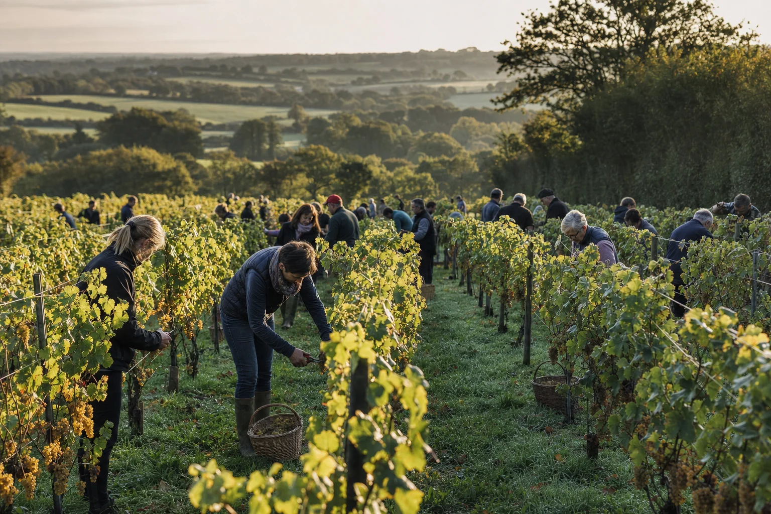 Vendange matinale au domaine Lamballe : personnes récoltant des raisins dans un vignoble breton