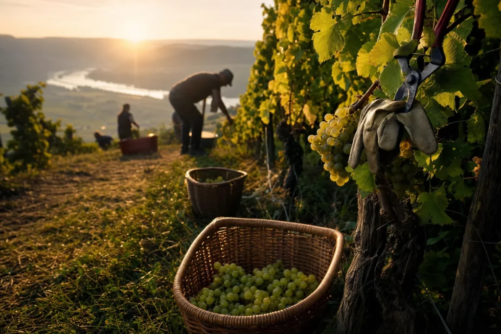 Scène évocatrice de vendanges matinales précoces en Moselle luxembourgeoise avec raisins, paniers et vendangeurs flous